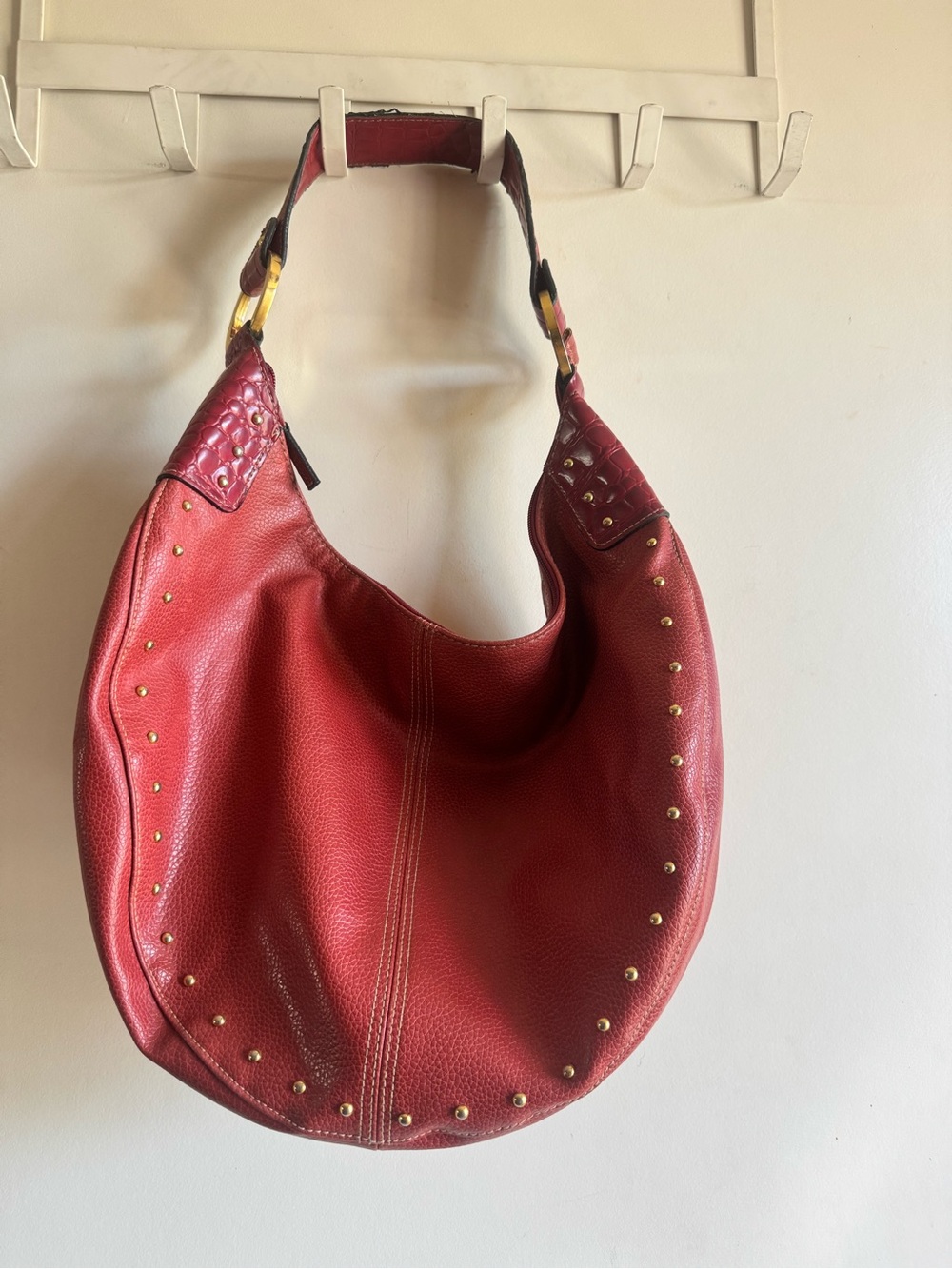 Red Studded Hobo Shoulder Bag -